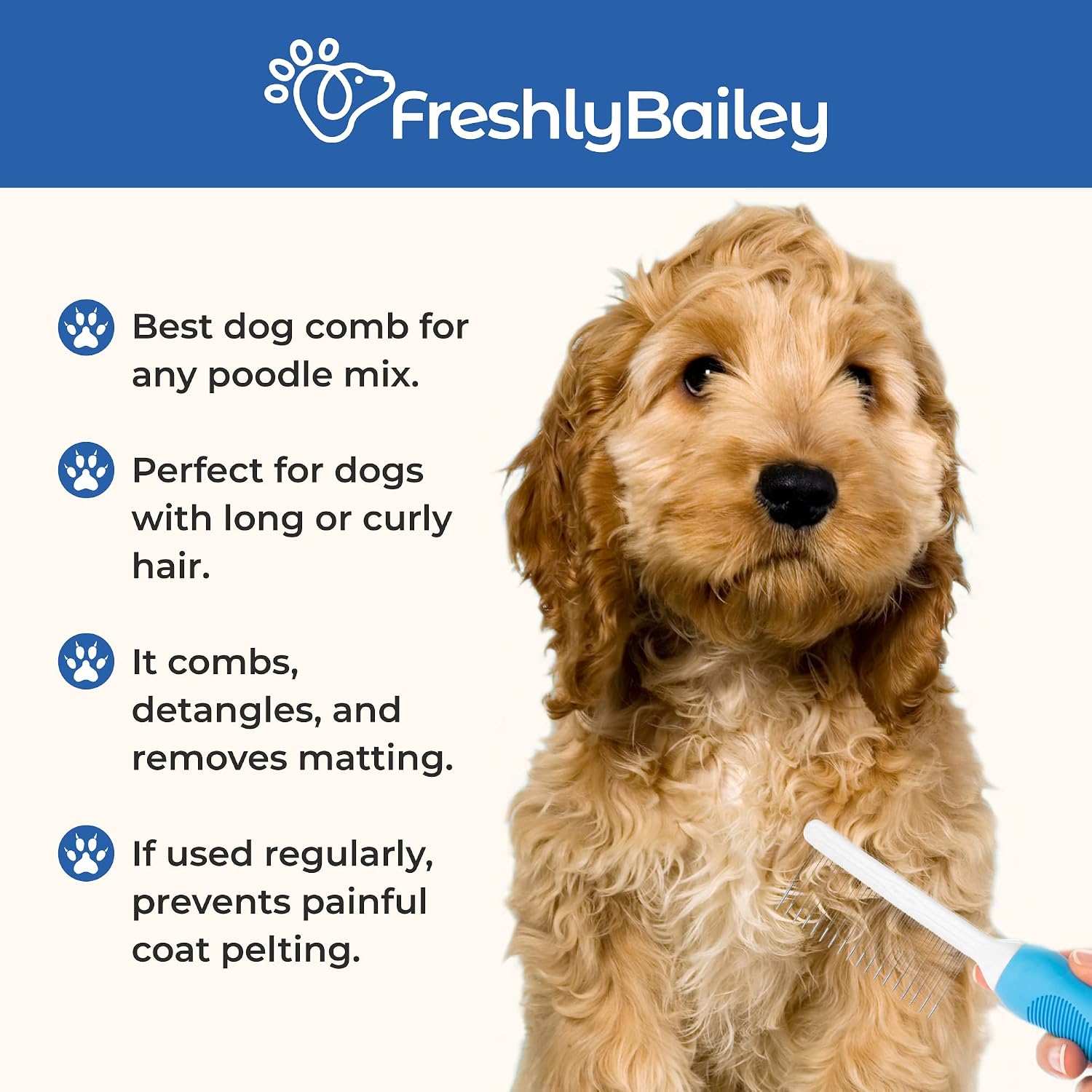 Grooming Comb for Long & Curly Hair in Dogs & Cats - Top Pet Detangler Brush - Removes & Prevents Matted Fur - Perfect for Goldendoodle, Poodle Mixes, and Cat Undercoat