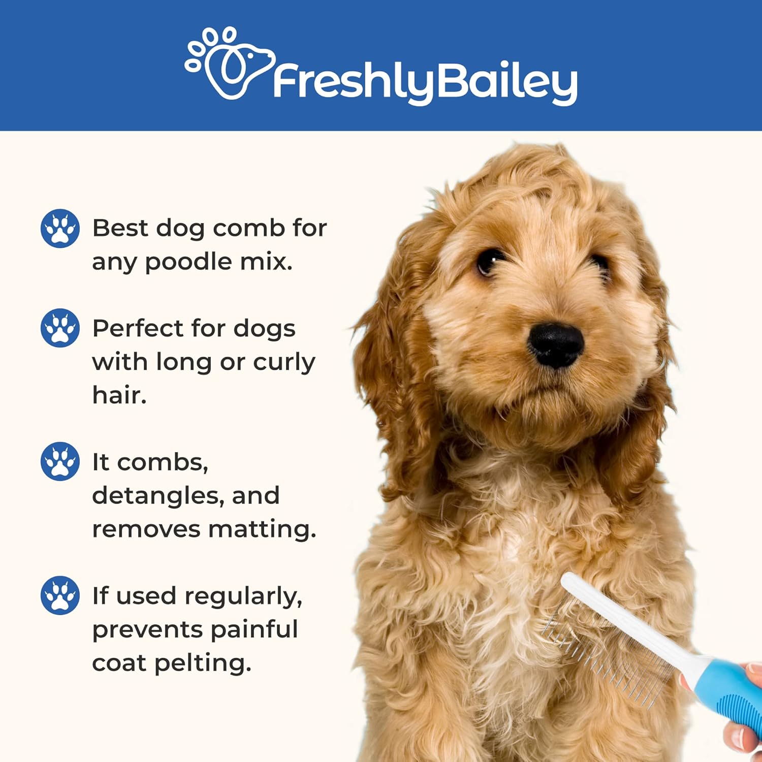 Grooming Comb for Long & Curly Hair in Dogs & Cats - Top Pet Detangler Brush - Removes & Prevents Matted Fur - Perfect for Goldendoodle, Poodle Mixes, and Cat Undercoat