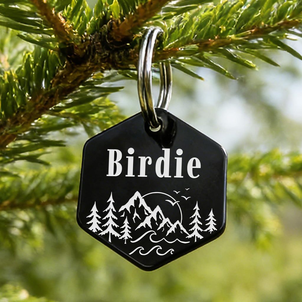 Personalized Pet ID Tags,Custom Stainless Steel Dog and Cat Tags (Hexagon) | Customizable Hexagon, Bone and Round Shapes, Multiple Designs with Mountain, Floral, and Night Sky Patterns,Laser engraving