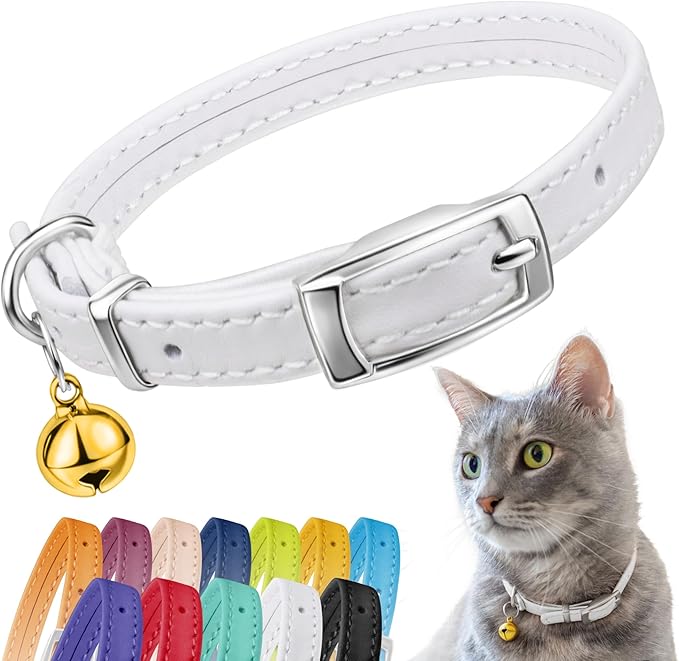 CollarDirect Leather Cat Collar with Bell - Kitten Collar, Small and Big Cat Collar for Boy Cats, Girl Cats with Safety Elastic Strap (Neck Fit 8"-11", White)
