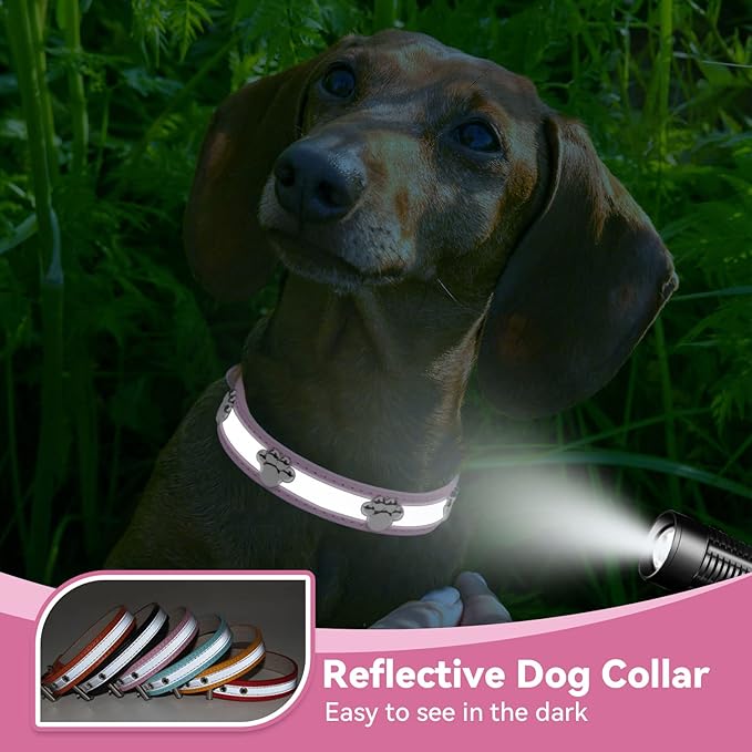 PETCARE Reflective Dog Collar with Cute Paw Rivet Studded Funny Soft PU Leather Adjustable Puppy Dog Collars for Small Medium Large Dogs Cats (Pink,X-Large)