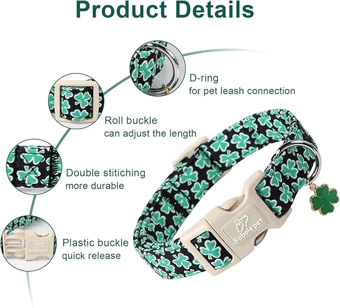 St Patricks Day Dog Collar for Medium Dogs - Green Lucky Shamrock Boy Dog Collars, Irish Clover Pattern Black Male Puppy Collar with Quick Release Buckle M