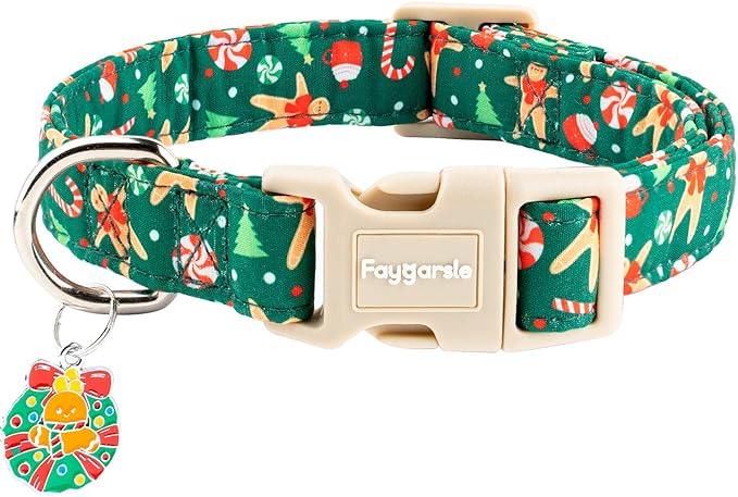 Faygarsle Christmas Dog Collar, Green Gingerbread Pattern, Plastic Buckle with Metal D-Ring, Holiday Pet Accessory, for Small Medium Large Dogs S