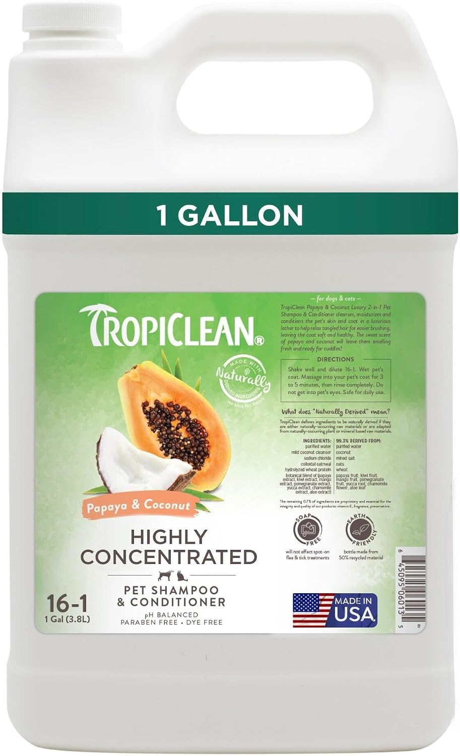 TropiClean 2-in-1 Dog Shampoo and Conditioner, Professional Dog Shampoo, Moisturizing Detangler, Puppy Safe, Made in USA, Papaya Scent, 1 Gallon