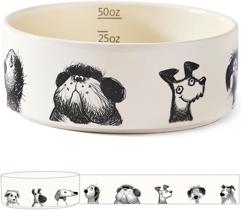 Ceramic Dog Bowl for Medium Large Dogs, 6.5 Cups, Single Bowl | Heavy Non-Slip Stoneware Pet Feeding Bowl, Microwave & Dishwasher Safe, Cute Hand-Drawn Design