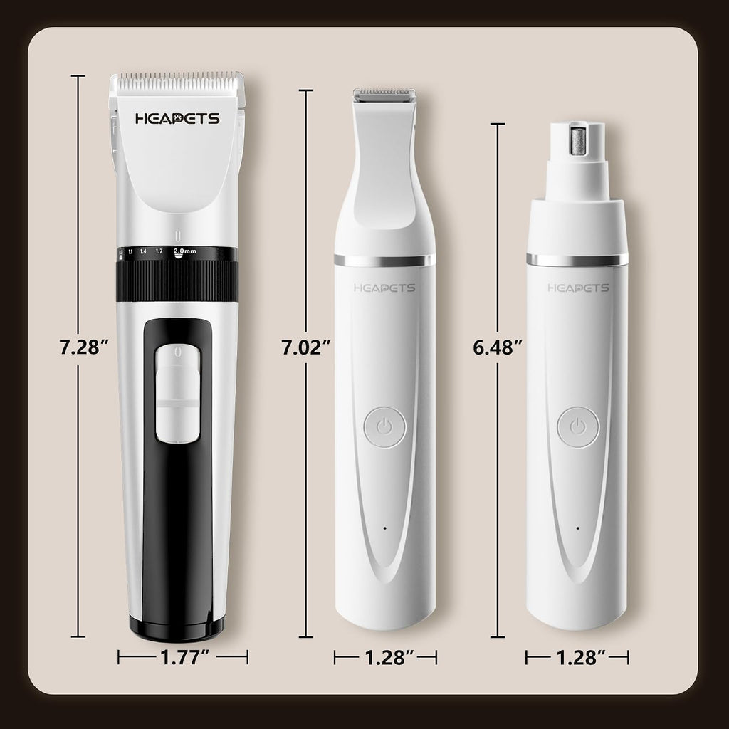 HEAPETS Dog Hair Clippers for Grooming Kit and Dog Paw Trimmer Nail Grinder for Grooming, Low Noise Rechargeable Cordless, Shaver Grooming Supplies for Pet Cats Dogs, White