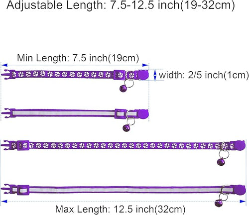 2 Pack Breakaway Cat Collars with Bells, Reflective Design and Claw Print Design, Safety Buckle, Adjustable 7.5-12.5 Inches for Kittens & Cats (Purple)