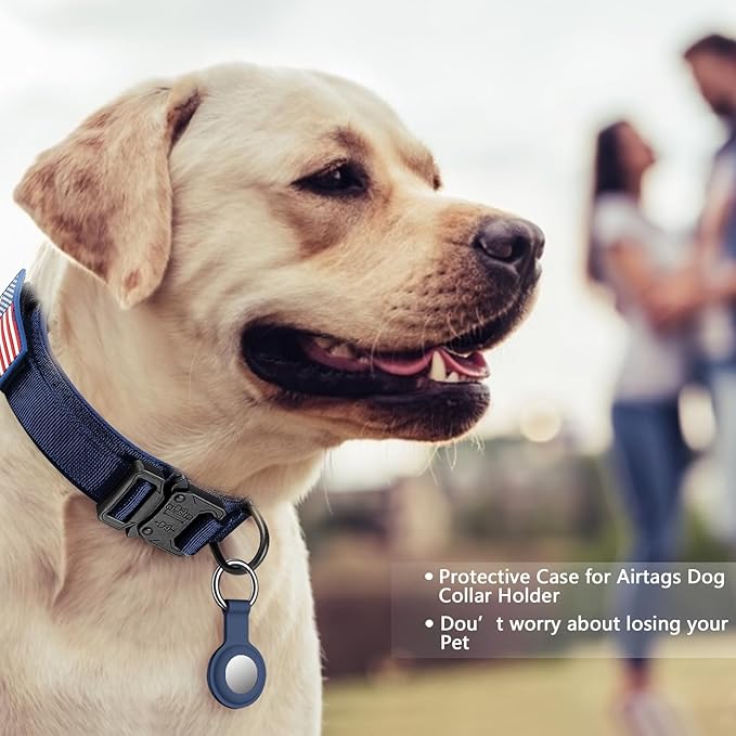 DAGANXI Tactical Dog Collar, Adjustable Military Training Nylon Dog Collar with Control Handle and Heavy Metal Buckle for Medium and Large Dogs, with Patches and Airtags Case (Midnight Blue, L)
