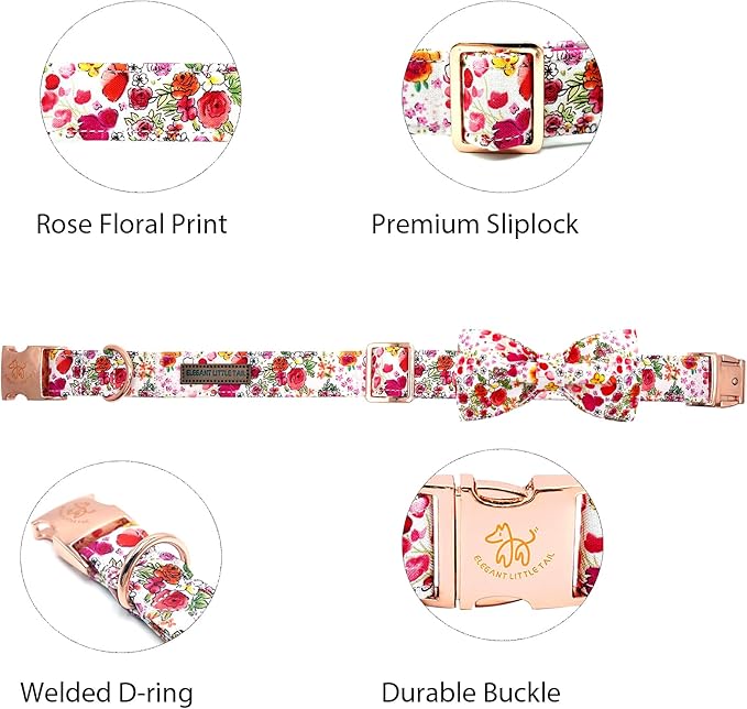 Elegant little tail Dog Collar, Pink Rose Print Pet Collar Summer Dog Collar Durable Metal Buckle Dog Collars Cotton Pet Adjustable Dog Collars for X-Small Dogs
