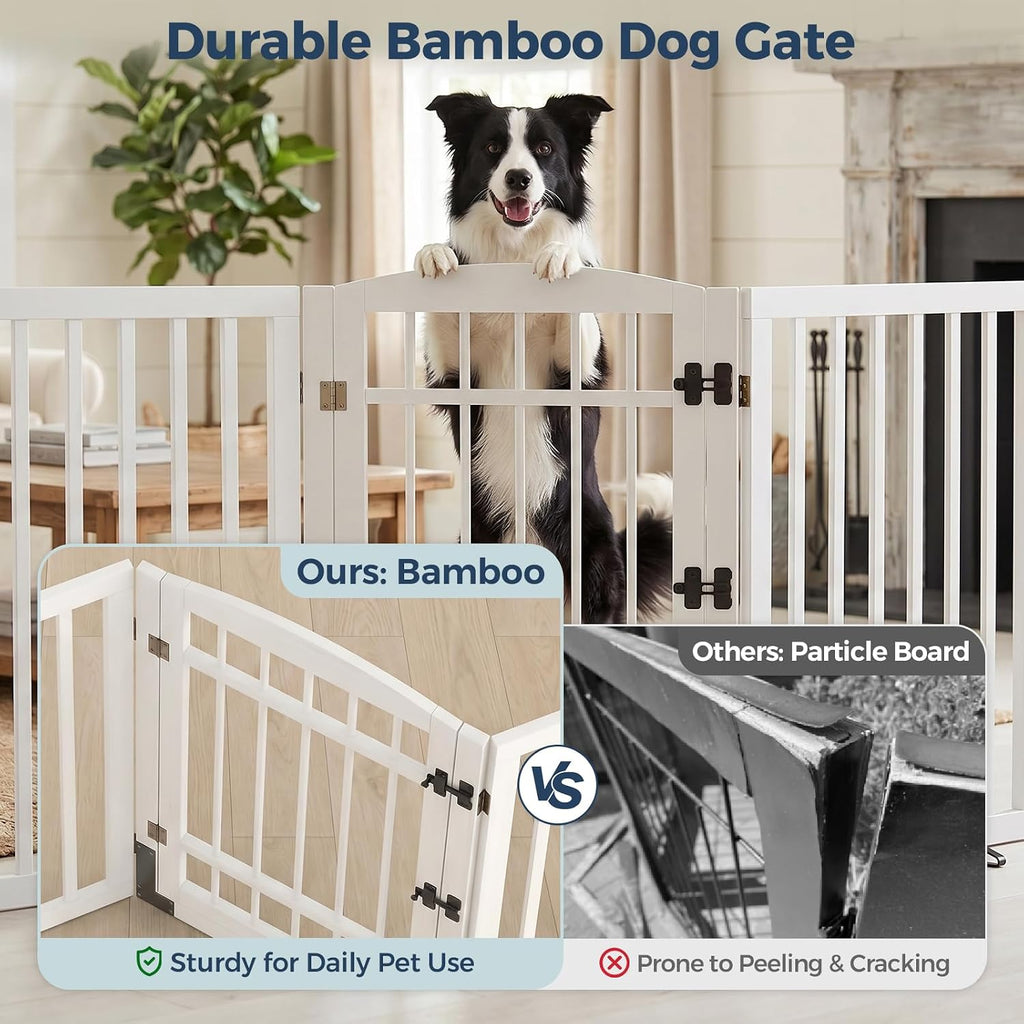 Homykic Dog Gate Indoor, 88.2" W x 30" H Extra Wide Foldable Bamboo Pet Gate with Door, No Assembly Freestanding Dog Fence with 2 Support Feet & 360°Hinges for Doorways Hallways (White, 4 Panels)