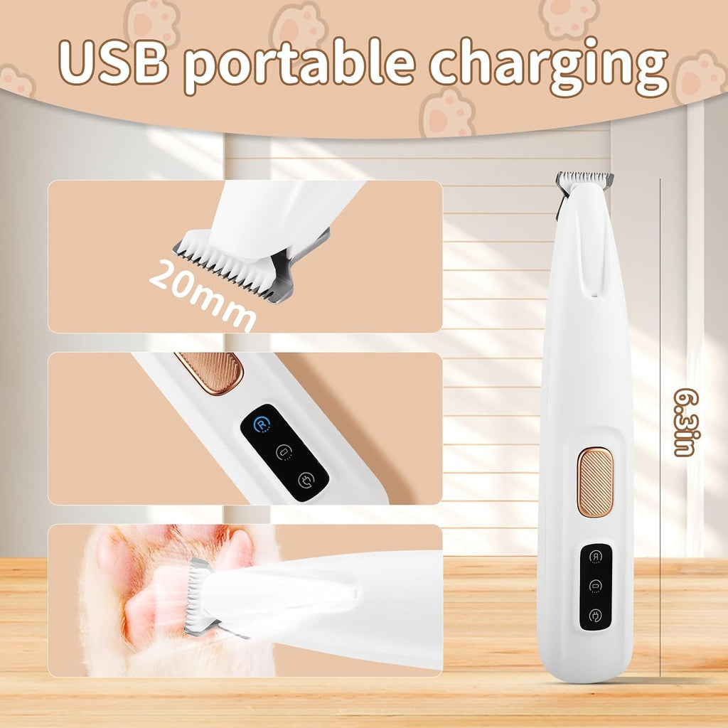 Silent, Cordless, Handheld and Washable Pet Hair Clipper. Equipped with LED Lights Paw Trimmers for Pet's Feet, Rechargeable, Suitable for Paws, Eyes, Ears, Face and Buttocks Areas