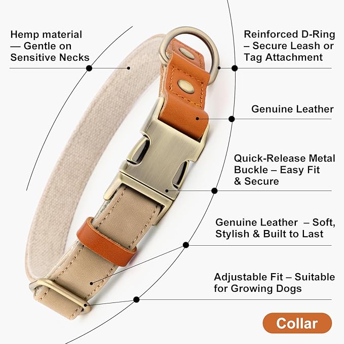 Plutus Pet Genuine Leather & Hemp Dog Collar – Adjustable Heavy Duty Pet Collar with Quick Release Metal Buckle, Soft & Stylish for Puppy and Small, Medium, Large Dogs (Beige, S)