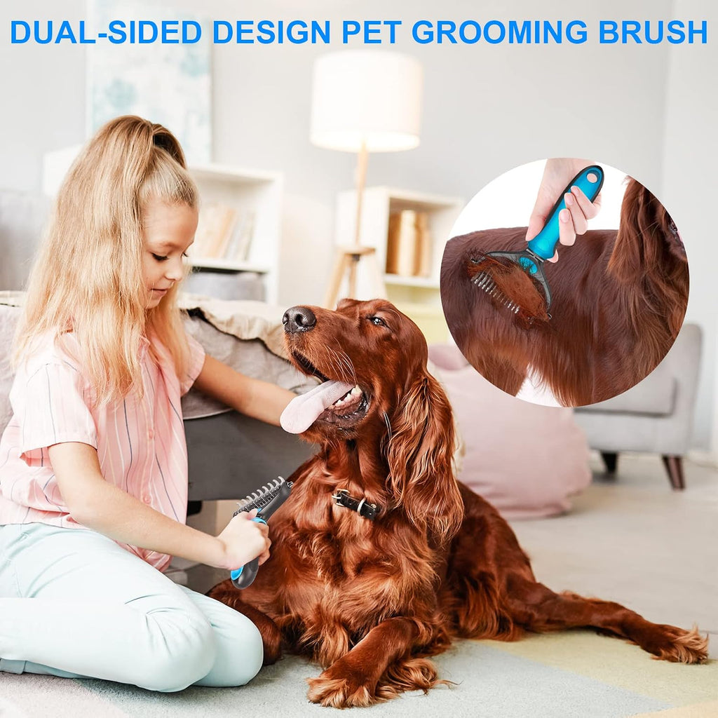 Pet Grooming Brush, Double Sided Shedding and Dematting Undercoat Rake Comb for Dogs & Cats, Tools for Mats & Tangles Removing, Safe, Effective, Extra Wide, Comfort