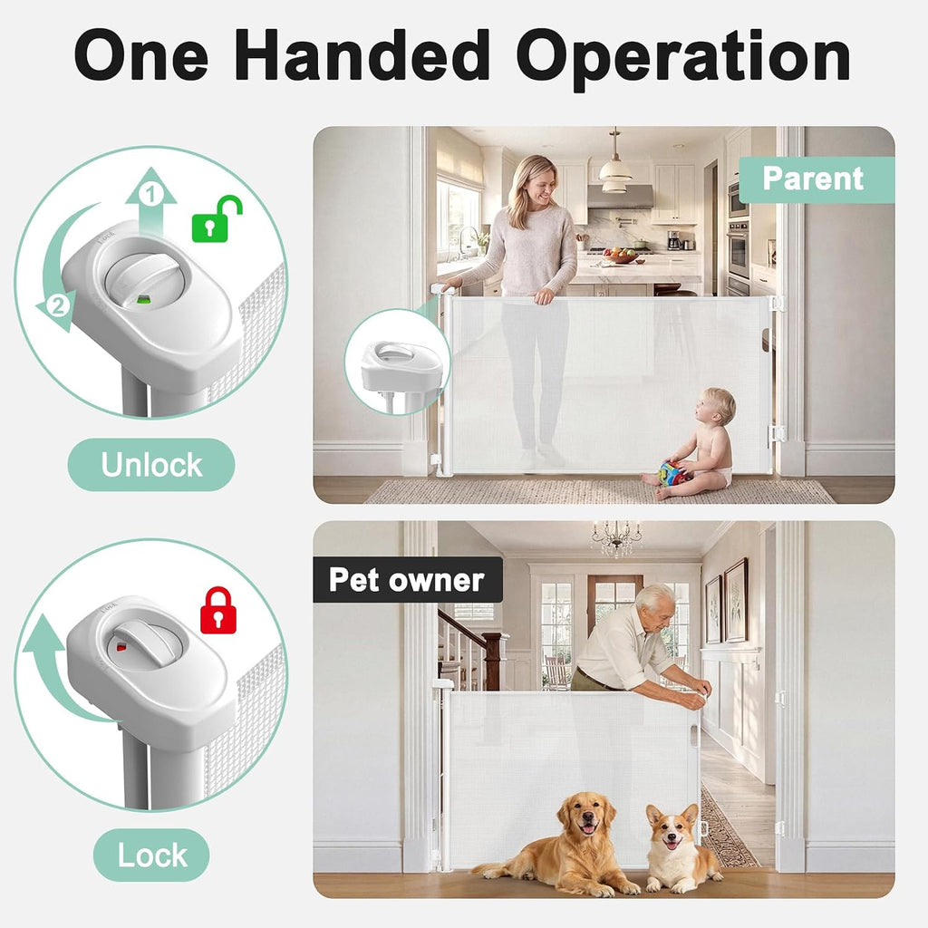 Retractable Baby Gates for Doorways & Stairs, Indoor/Outdoor Mesh Dog Gate for Dogs, Puppies, Infants, Toddlers, Babies, Children, Kids, 33" Tall Expands Up to 60" Width, Safety Retractable Pet Gate