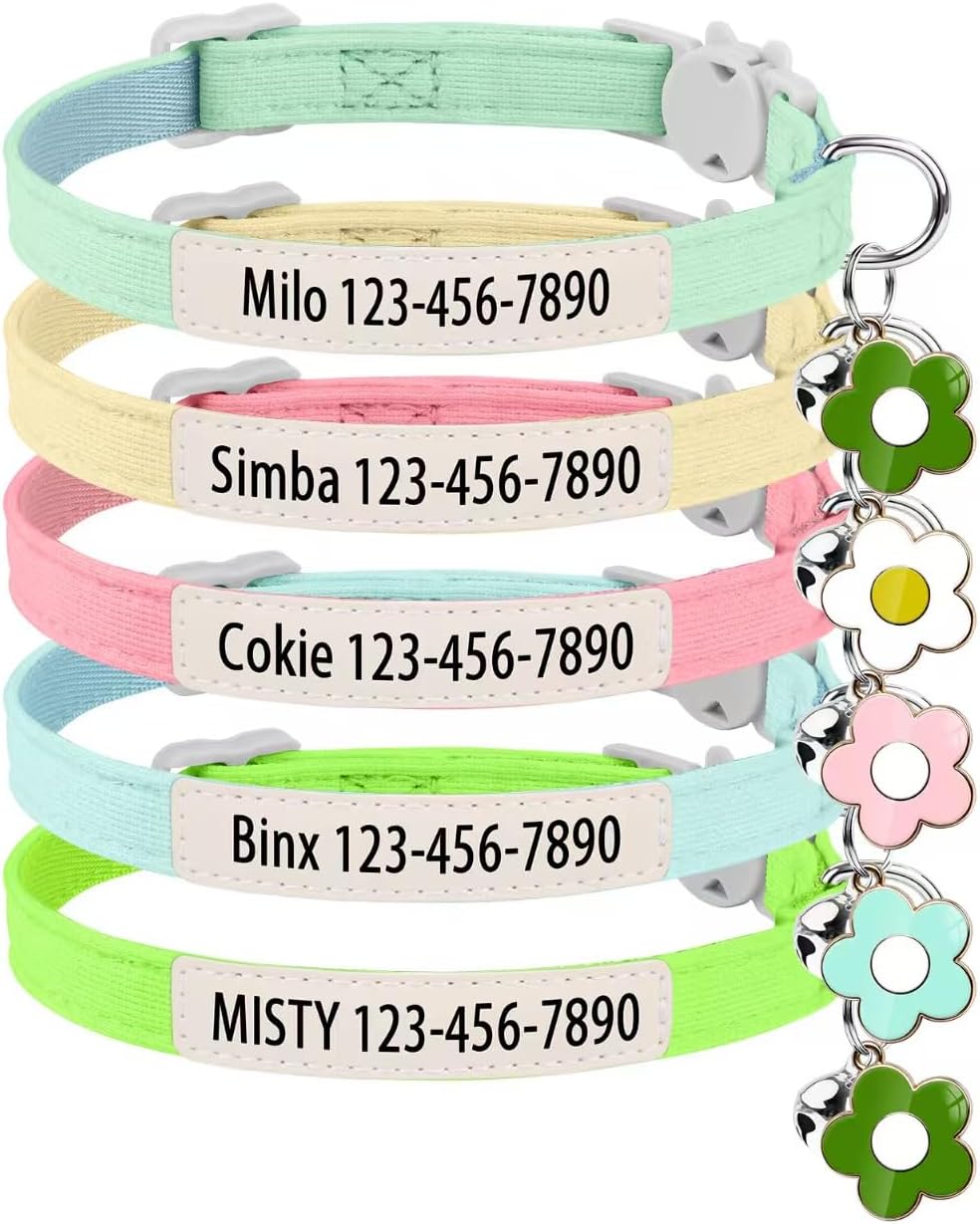 Personalised Glow in the Dark Cat Collar with Bell Flower Decoration, Custom UV-Printed Name & Phone Number, Luminous Adjustable Cat Collar Breakaway (UV-Printed)