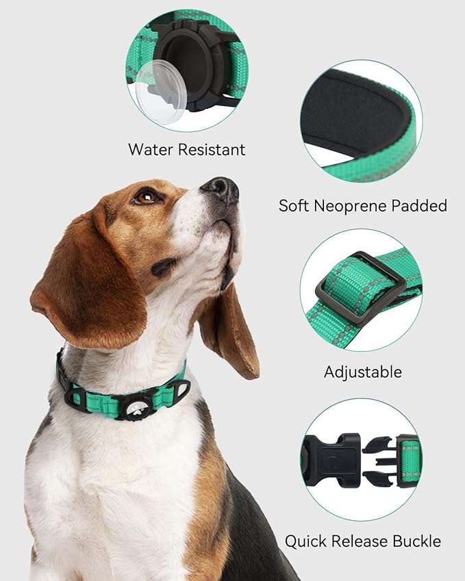 Joytale Airtag Dog Collar, Reflective Pet Collar with Waterproof AirTag Holder, Dual D-Rings, Soft Padded Adjustable for Extra Large Dogs, Teal, XL