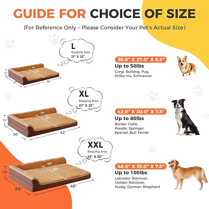 Dog Bed Large Sized Dogs, XXL Orthopedic Dog Bed for Large Dogs, Waterproof Pet Bed with Washable Removable Cover, L-Shaped Pet Couch with Portable Handle 48"x35"x7.5", Brown