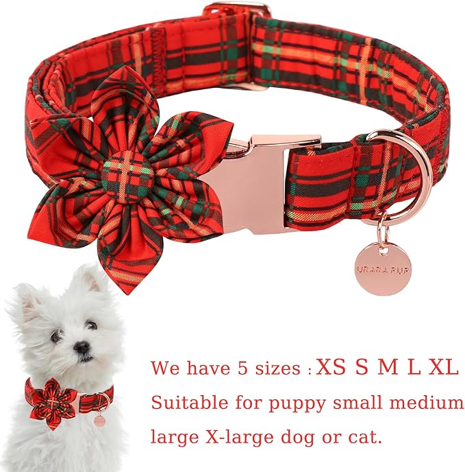 Christmas Dog Collar with Flower, Cotton Christmas Plaid Collar for Medium Girl Boy Dog,Red &Green Plaid Dog Collar Bowtie with Durable Metal Buckle,Adorable Pet Collar,M,Neck 13.5-22in