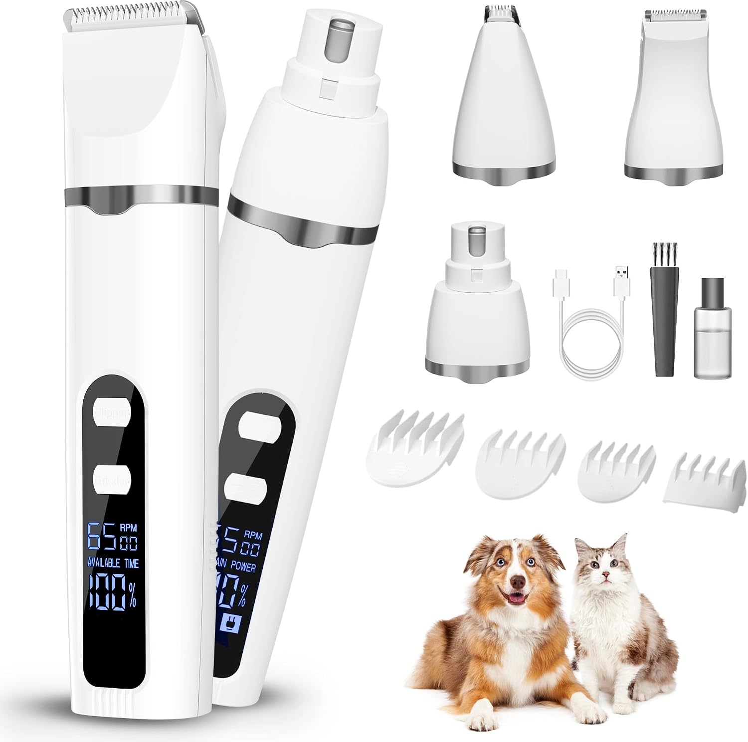 Dog Grooming Kit Hair Clipper with LCD Display - Low Noise Pet Hair Trimmer, Dog Nail Grinder Clippers for Grooming, Rechargeable Cordless Waterproof Paw Trimmer for Cats