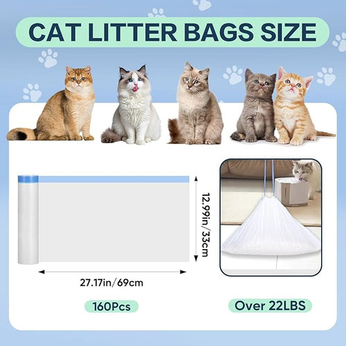160 Count Cat Litter Box Liners Compatible with Neakasa & Pet Pivot Litter Box, Cat Litter Liners for Automatic Litter Box, 9-10 Gallon Thick Heavy Duty Waste Bags with Drawstrings, 27.17" x 12.99"