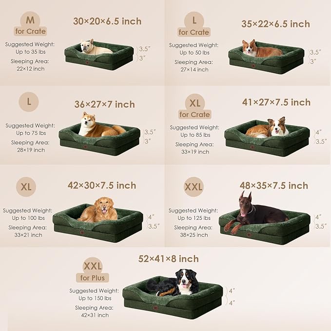 EHEYCIGA Orthopedic Dog Bed for Medium Dog, 30x20x6.5 Inch Memory Foam Dog Couch Bed with Sides, Waterproof Liner & Washable Removable Cover, Bolster Pet Sofa, Dark Green