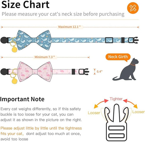 2 Pack Cotton Cat Collar with Bow Tie and Bell for Girl Boy Cats,Cute Pink Flamingo and Blue Whale Pattern Spring Summer Breakaway Cat Collar for Male Female Cats (Flamingo&Whale)