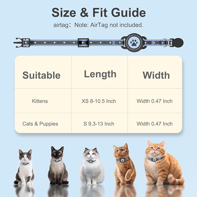 Airtag Cat Collar Breakaway, Reflective Cat Collar with AirTag Holder and Bell, Compatible with Apple Air Tag, Comfortable Padding, Adjustable, Durable (Blue, XS)