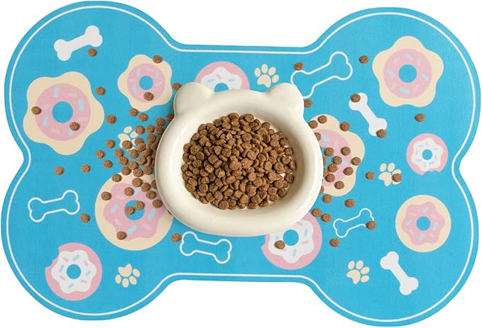 Dog Food Mat, 0.15” Thickened Super Absorbent Pet Feeding Mat for Food and Water, Fruit Donut Pattern Cat Placemat, Quick Dry Non-Slip Dog Bowl Mat, Water Splash Proof（Large Donut Blue）
