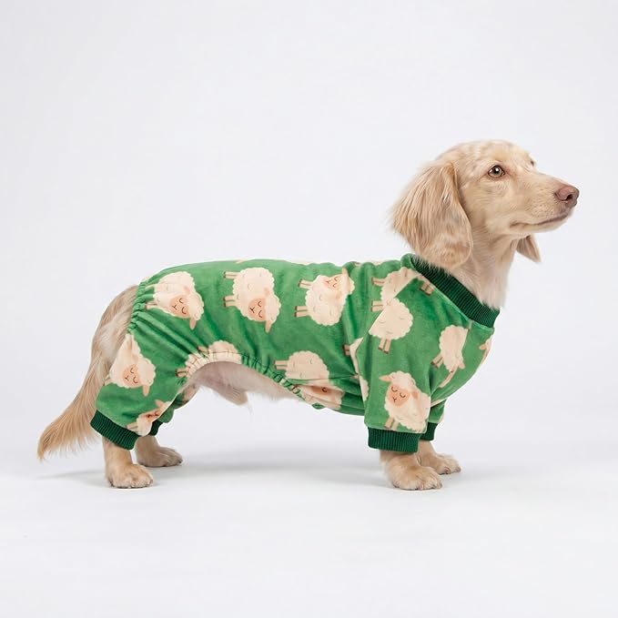 Fitwarm Funny Sheep Dog Pajamas, Warm Winter Dog Clothes for Small Dogs Boy Girl, Cozy Pet Onesie with Feet, Green, White, XL