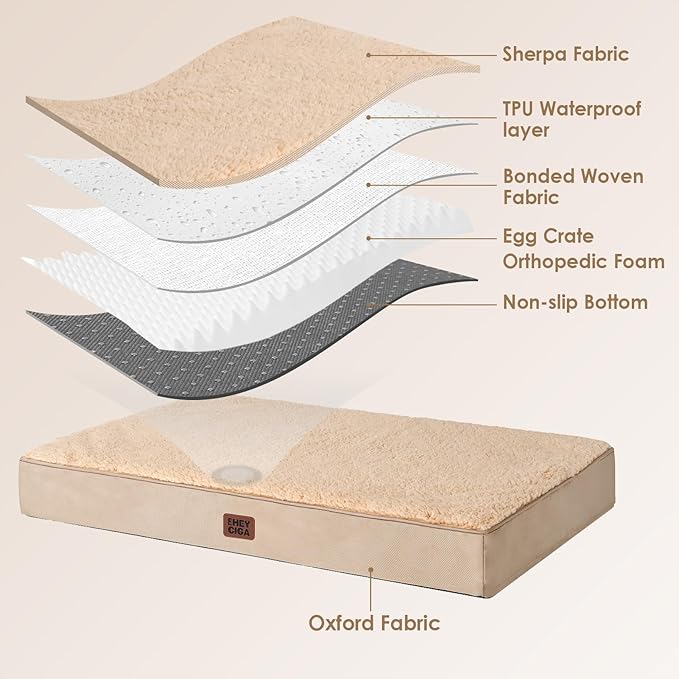 EHEYCIGA Orthopedic Dog Beds for Large Dogs with Removable Washable Cover for Crate, Khaki, 35x23