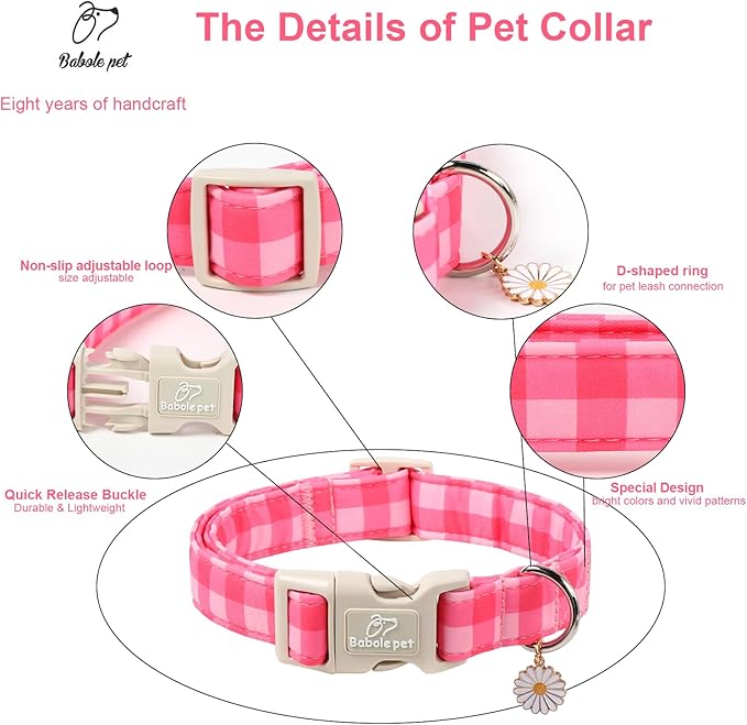Girl Dog Collar for Giant Large Dogs - Cute Pink Plaid Puppy Collar, Soft Adjustable Spring Summer Female Dog Collars with Quick Release Buckle XL