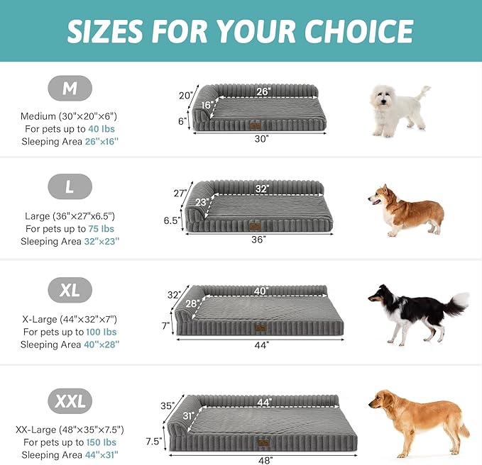 Cute Dog Bed, Faux Rabbit Fur Orthopedic Foam Dog Bed with Sides, Removable Washable Cover & Waterproof Lining, Comfortable Pet Couch for Large Dogs, Grey (44" L x 32" W x 7" Th)