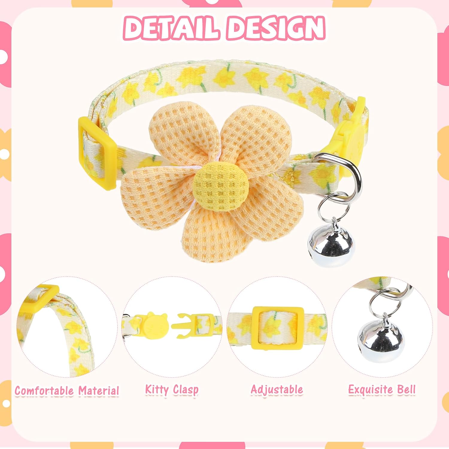 PUPTECK Cat Collar Breakaway with Bells, Adjustable Kitten Collar Outfit | for Girl Boy Small Pet Puppy Bunny, Cute Costume Accessory with Safety Release Buckle (Sticker-Flowers)
