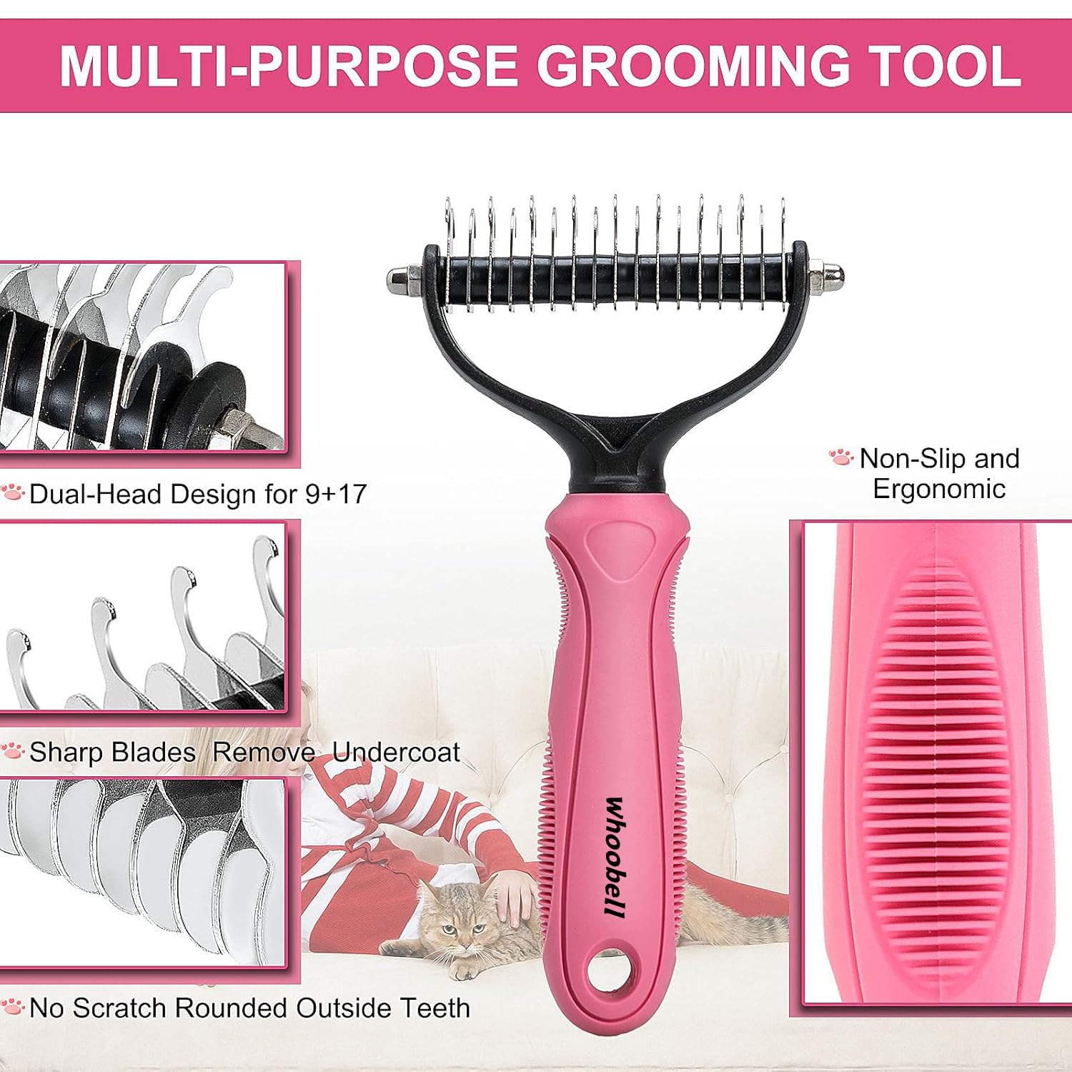 Undercoat Rake for Dogs, whoobell 2 Side Undercoat Brush for Deshedding and Dematting for Dog Cat Rabbit, Professional Pet Grooming HairTools, Removes Loose Undercoat and Nasty Shedding