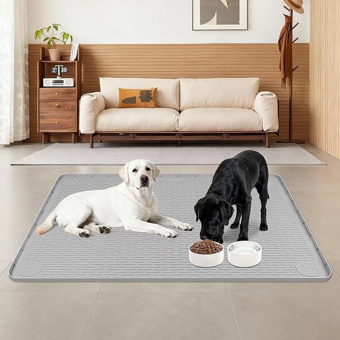 Lanstics Dog Food Mat, 40" x 28" Large Silicone Mat Dog Feeding Mat with Raised Edge Non-Slip Pet Feeding Mat for Food and Water Bowl, Easy to Clean, Floor Protection (Gray)