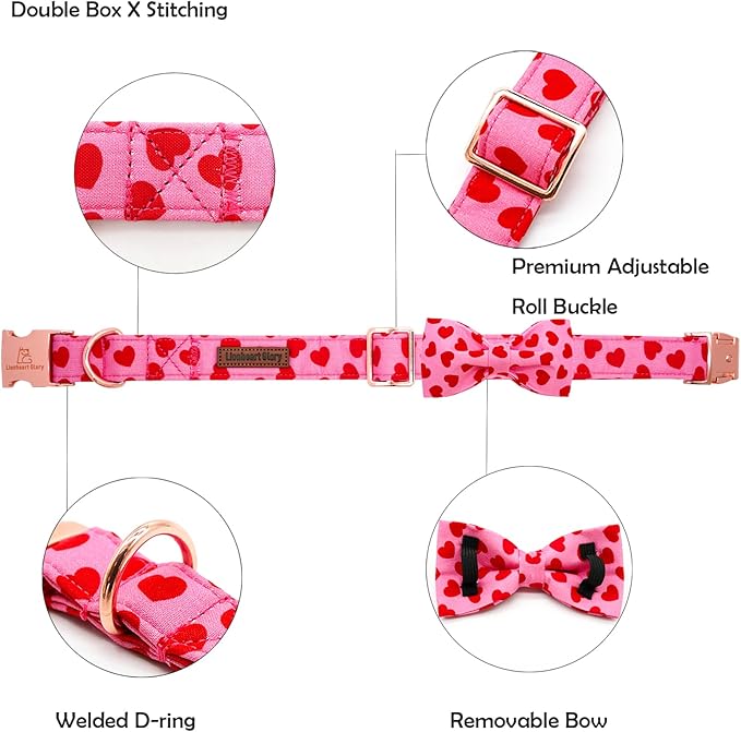 Lionheart glory Dog Bow Collar Valentine's Day Dog Collar for Medium Dogs, Hearts Dog Collars with Bowtie Spring Dog Collar Pet Collar Bows