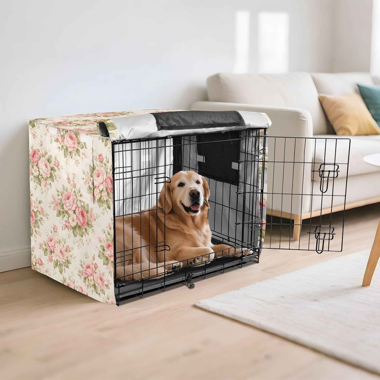 Shabby Chic Flowers Dog Crate Cover 600D Oxford Heavy Duty Kennel Cover Mesh Window Soundproof Waterproof Sunshade Universal Fit for 48 inches Wire Cage