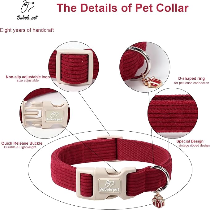 Cute Corduroy Dog Collar - Burgundy Adjustable Dog Collars for Small Dogs 10-25lbs, Fade-Proof with Secure Snap & Little Charm, Christmas Birthday Gift, S