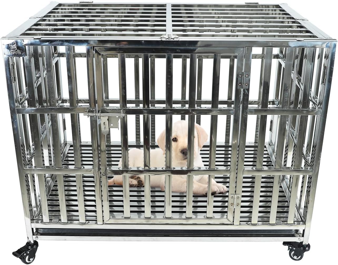 Confote 37 Inch Heavy Duty Dog Crate Metal Cage Kennel, High Anxiety Pet Cage with Lockable Wheels & Double Doors for Small Medium Large Dogs