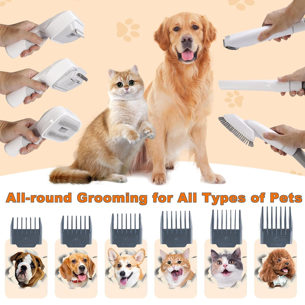 Dog Grooming Vacuum Kit & Pet Clipper - 6-in-1 Shedding Brush with 99% Hair Suction, 6 Grooming Combs Included