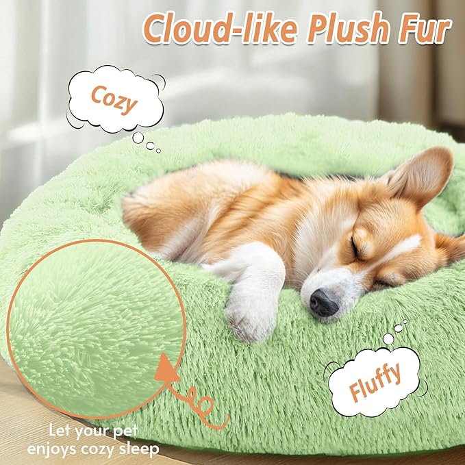 JOLLYVOGUE Calming Small Dog & Cat Bed for Indoor Cats - 20 inches Washable Donut Bed for Kittens & Puppies, Anti-Anxiety Round Fluffy Plush Pet Beds (Fits up to 15 lbs, Light Green)