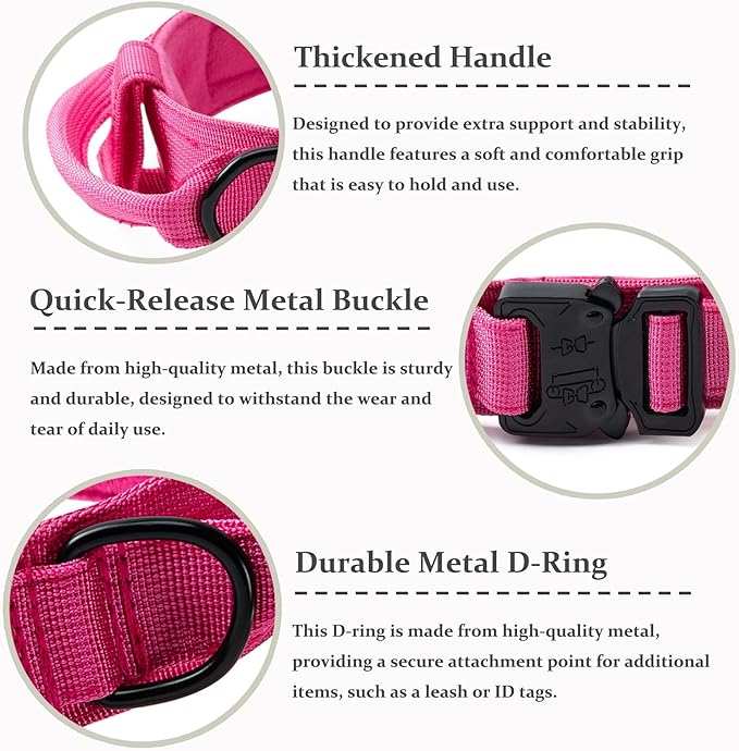 Tactical Dog Collar, Adjustable Military Training Nylon Dog Collar with Control Handle and Heavy Quick-Release Metal Buckle for Small Medium Large Dogs,Pink XL