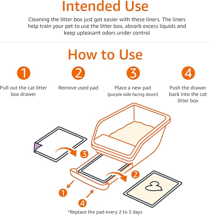 Amazon Basics Cat Pee Pads, Super Absorbent, Odor Control with Fresh Scent, Universal Fit for Litter Box, Multi Cat, Disposable, White/Purple, 100 Count