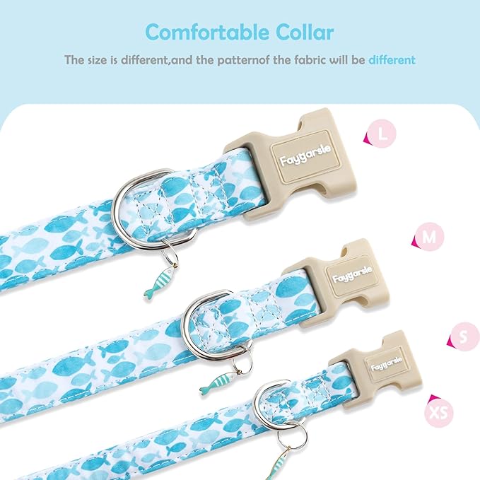 Faygarsle Fish Pattern Dog Collar, Adjustable with Buckle, Blue and White, Summer Design for Small Medium Large Dogs L