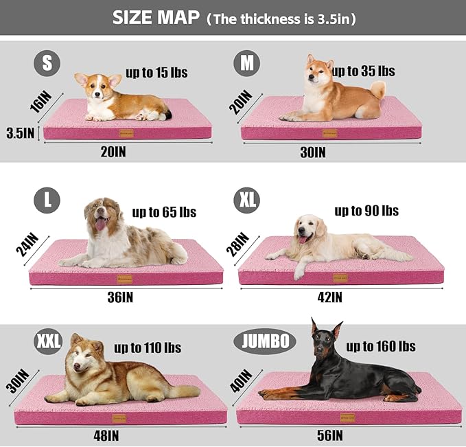 Patas Lague Orthopedic XL Dog Bed Large Sized Dog 42''X28'', Soft Waterproof Egg Crate Foam Large Pet Crate Beds Mat with Removable Washable Cover and Non-Slip Bottom, Hot Pink