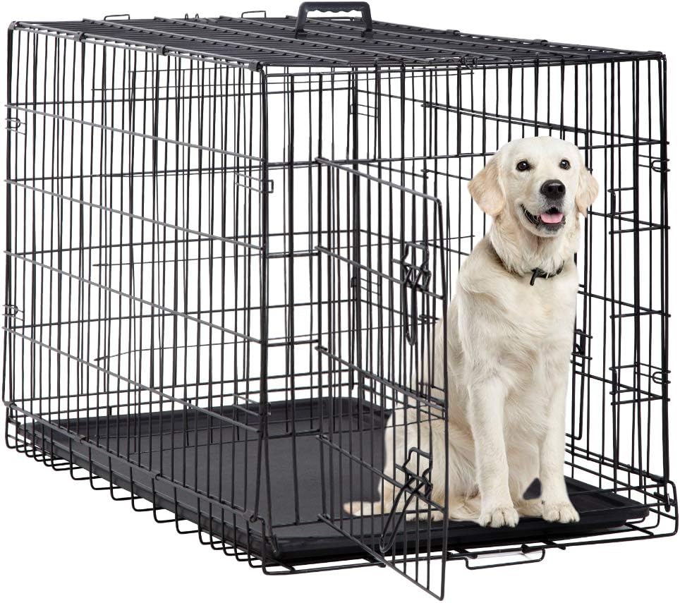 48 42 Inch Large Dog Crate Kennel Metal Wire Indoor/Outdoor Double-Door Folding Dog Cage for Large Medium Puppy Dog Pet Crate with Plastic Tray and Handle