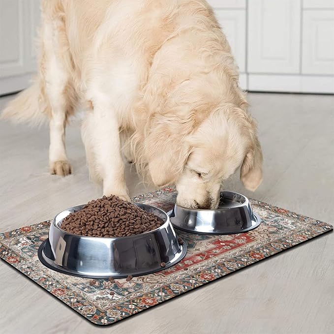 Dog Food Mats for Floors, Absorbent and Quick-Drying Pet Cat Food Mat,Anti-Fouling and Easy-to-Clean Pet Feeding Mat,Dog Bowl Mat for Messy Drinking Water Bowls.16 x24, Bohemia Style