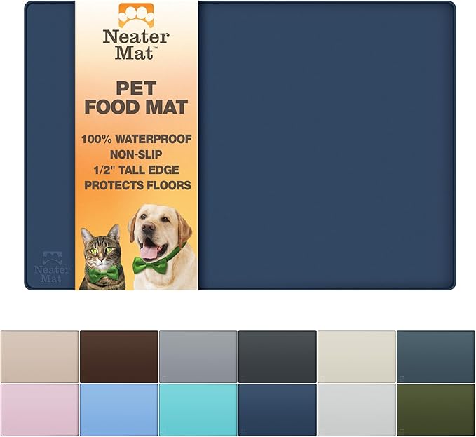 Neater Pet Brands Neater Mat Pet Mats for Food and Water, Cat & Dog Bowl Mat Waterproof Silicone, Feeding Tray, Dog Food Mats for Floors, Placemat w/Raised Edge for Under Bowls, 32" x 24", Dark Blue