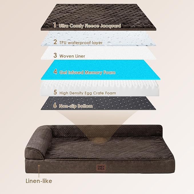 EHEYCIGA XXL Dog Bed Memory Foam, Orthopedic Giant Dog Bed Jumbo with Washable Removable Cover, Waterproof Pet Sofa Couch with Nonskid Bottom, 48x35x7.5, Brown