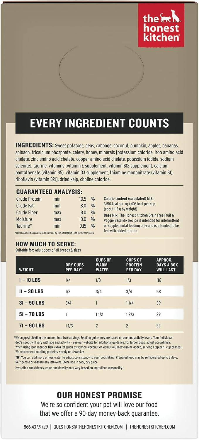 The Honest Kitchen Human Grade Dehydrated Grain Free Fruit & Veggie Base Mix Dog Food (Just Add Protein) - 7 Pound Box (Makes 12 Pounds)
